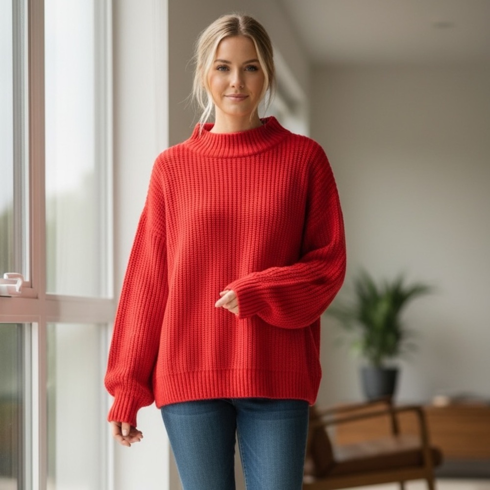 VICI Red Sweater Mock Neck Oversized Slouchy Ribbed Knit Boho S